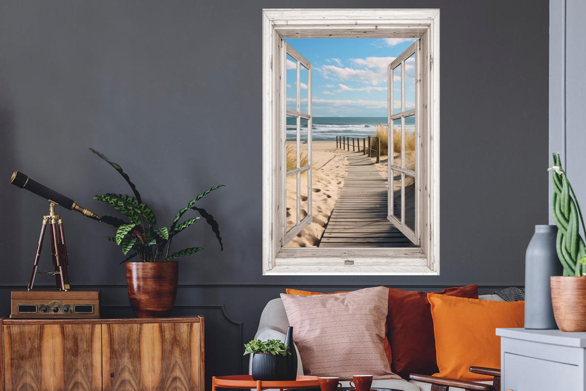 WANDTATTOO Fenster - Meer - Küste - Natur - Ausblick - Strand - Wattenmeer 80x120 cm - Beige, Kunststoff (80/120/0.1cm) - MuchoWow