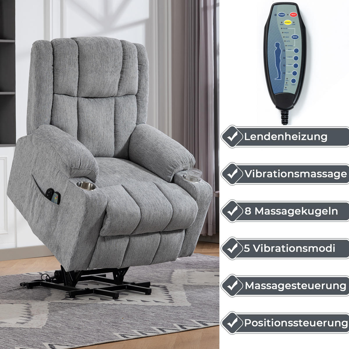 ELEKTRISCHER Relaxsessel Samt mit Aufstehhilfe, Massage, Wärme 91/84/106 cm Hellgrau - Hellgrau, Textil (84/106/91cm) - Redom
