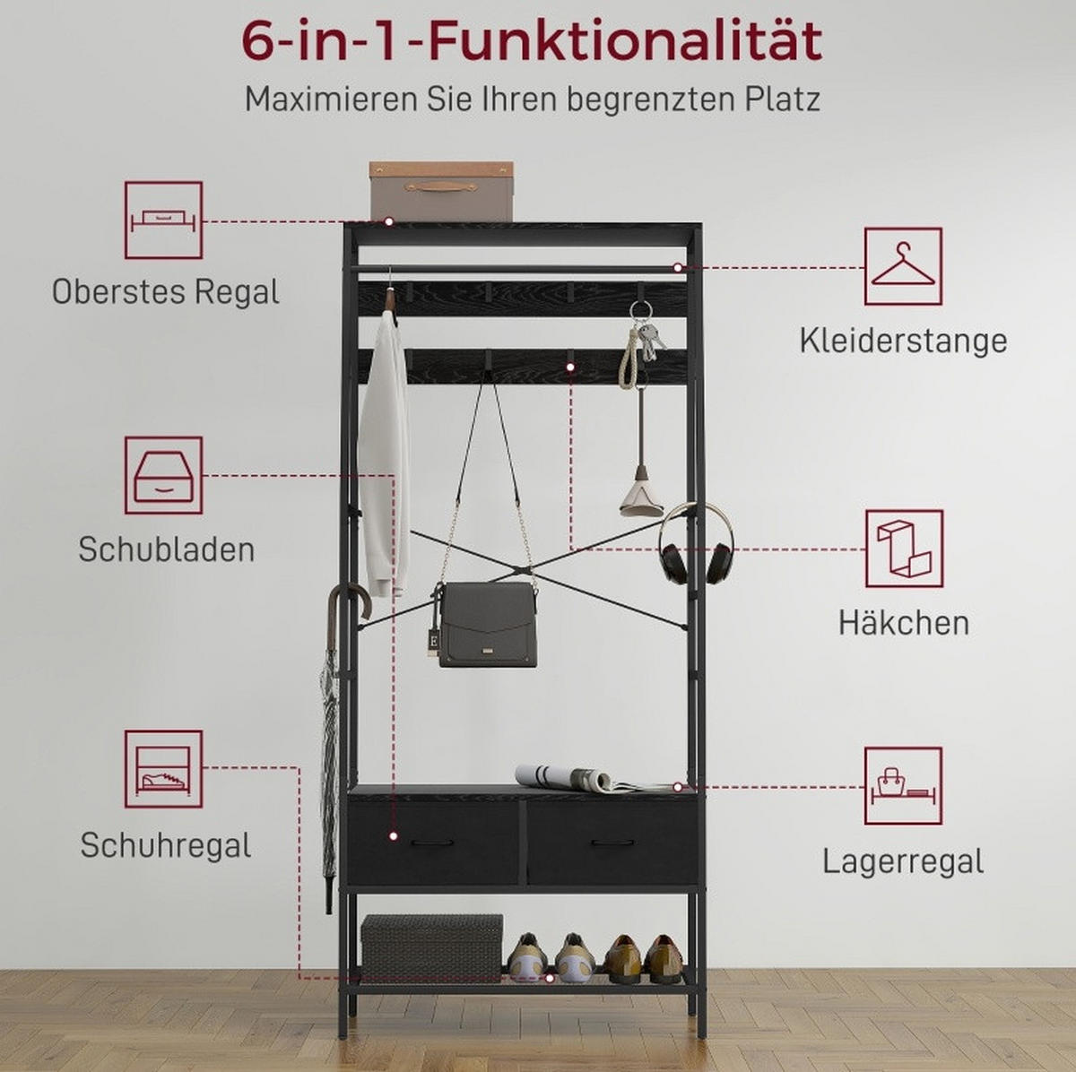 GARDEROBENSTÄNDER 80/30/180,5 cm mit Schuhablage, 2 Stoffschubladen, 8 Haken und Kleiderstange, Holz/Metall, Schwarz - Schwarz, Holzwerkstoff (80/180.5/30cm) - Redom