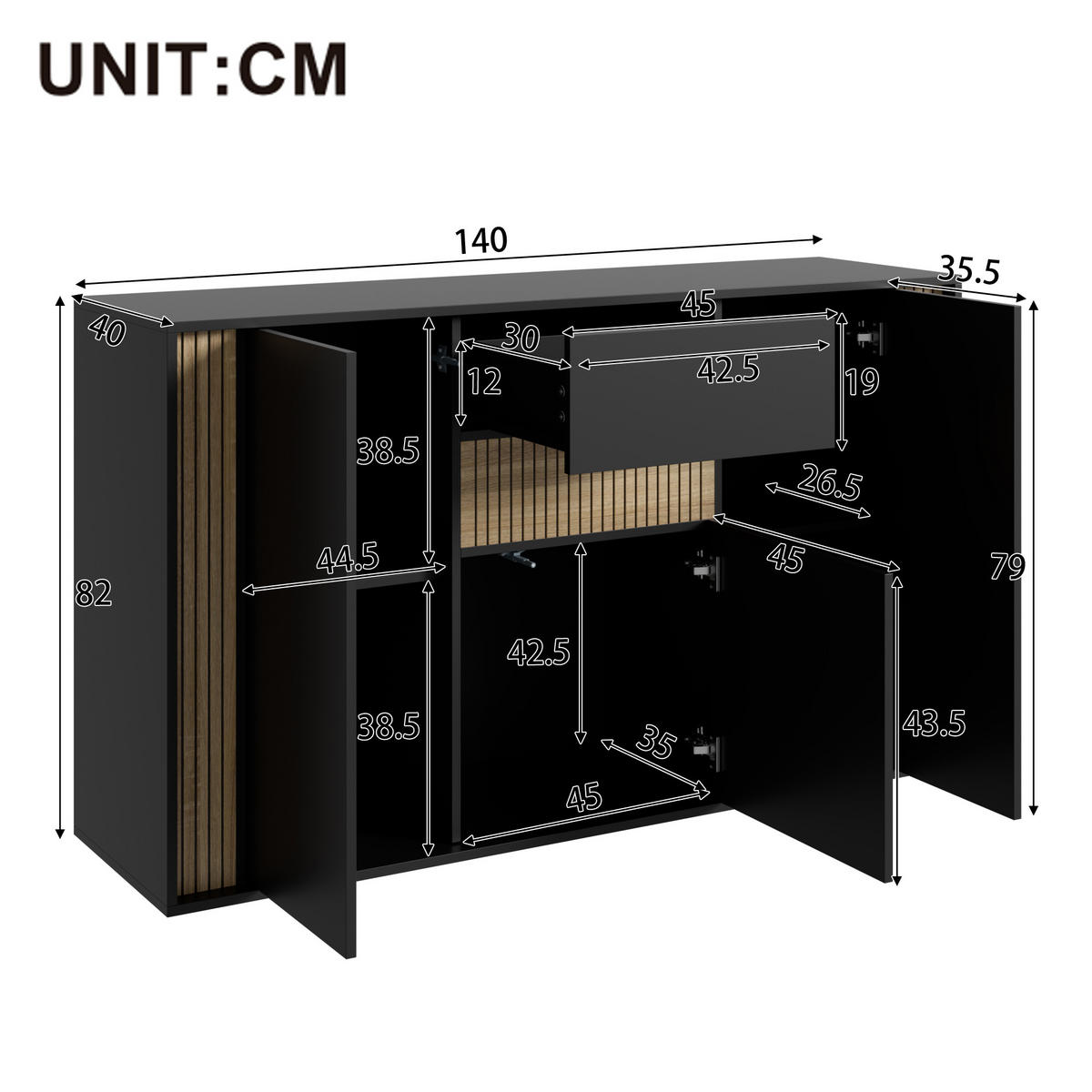 SIDEBOARD 140x40x82cm Schwarz mit LED und 3 Türen - Schwarz/Naturfarben, Holzwerkstoff (140/82/40cm) - FLIEKS