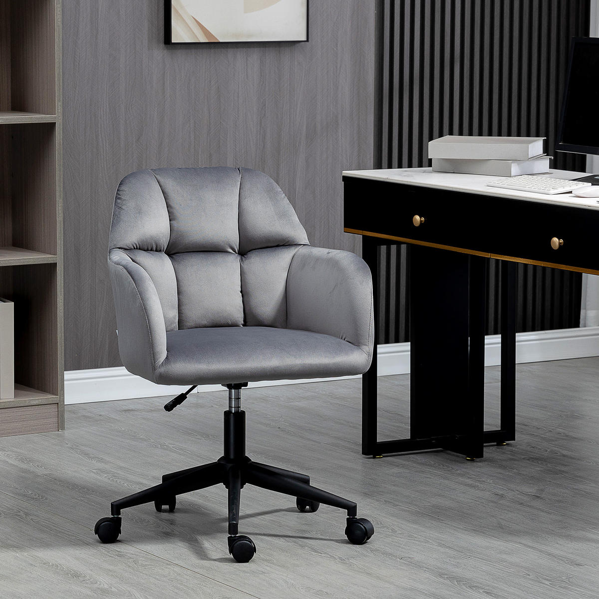 BÜROSTUHL mit Rollen, Höhenverstellbarer Schreibtischstuhl mit Samt-Optik Grau - Dunkelgrau, Kunststoff (58.5/86/58cm) - Vinsetto