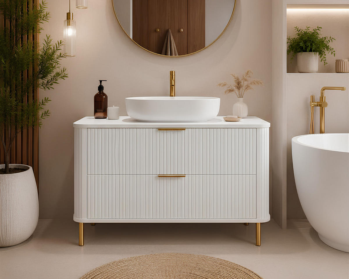 BADEZIMMERSCHRANK : Farbe Weiß, Griff gold, Füße gold, 100 x 41,5 x 66,7 cm - Goldfarben/Weiß, Holzwerkstoff (100/66.7/41.5cm) - 3XE LIVING