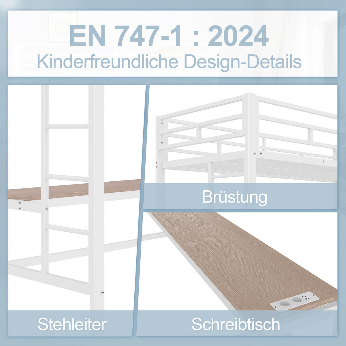 HOCHBETT 90/200 cm mit Geländer Tisch und USB-Anschlüssen - Weiß, Metall (90/200cm) - OKWISH