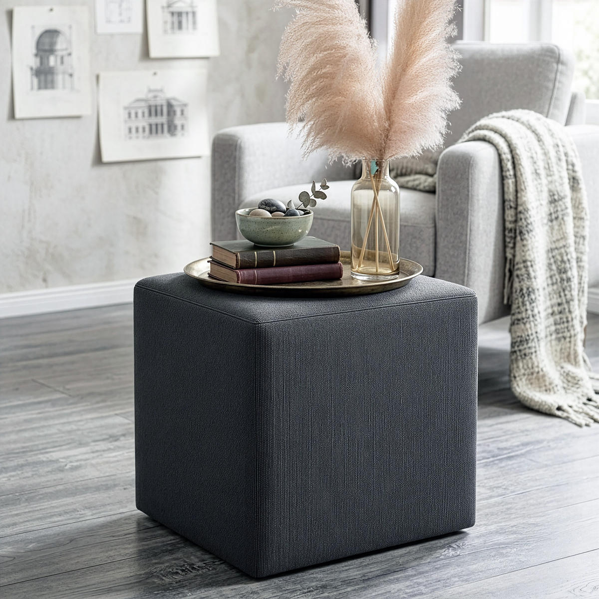 HOCKER M22 Anthrazit 41/45/41 cm eckig - Dunkelgrau, Textil (41.1/45/41.1cm) - Livojo
