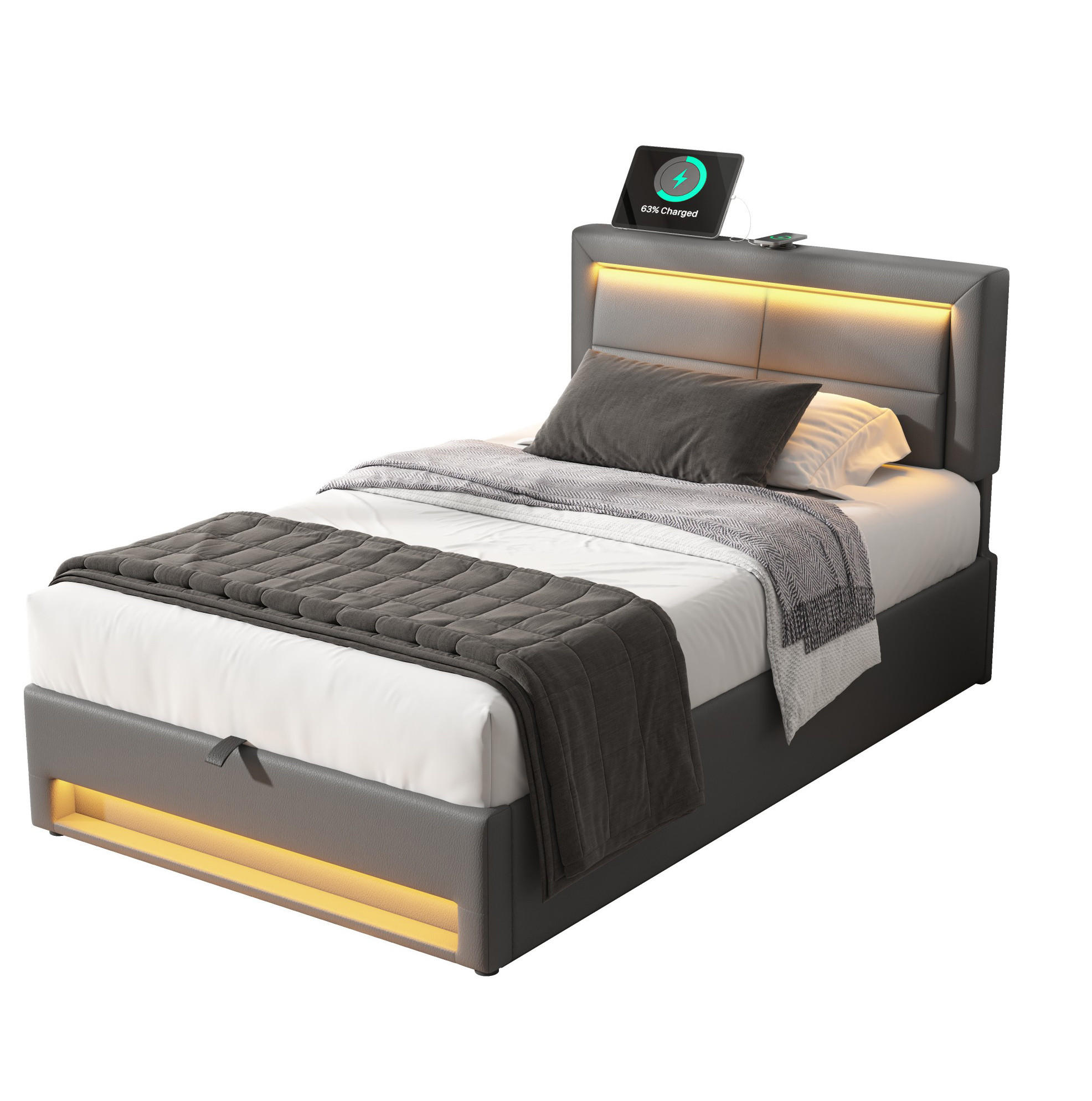 POLSTERBETT 90/200 cm Grau mit Stauraum, USB-Ladefunktion und LED-Beleuchtung - Grau, Kunststoff (90/200cm) - Flora Grace