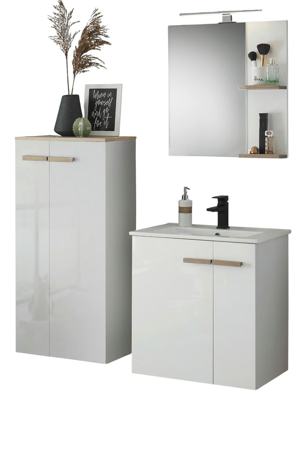 BADMÖBEL-SET weiß Hochglanz Lack, Eiche, Badkombination MIT Waschbecken, Badlampe 130 x 200 cm - Weiß Hochglanz/Eichefarben, Holzwerkstoff/Kunststoff (130/200/40cm) - Furn.Design