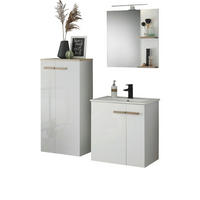 BADMÖBEL-SET weiß Hochglanz Lack, Eiche, Badkombination MIT Waschbecken, Badlampe 130 x 200 cm - Weiß Hochglanz/Eichefarben, Holzwerkstoff/Kunststoff (130/200/40cm) - Furn.Design