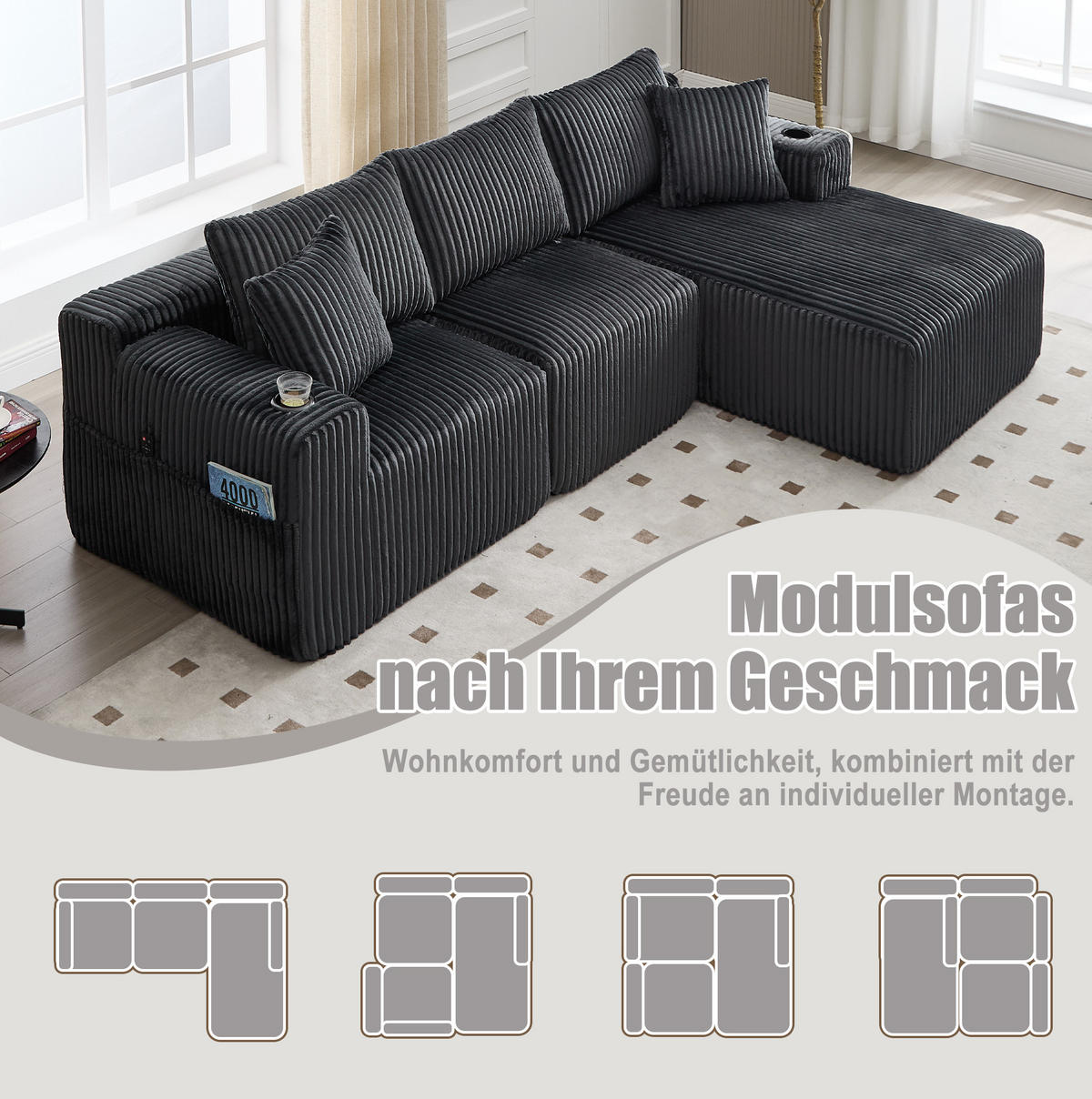 MODULARES Sofa Cord Chaiselongue und 2-Sitzer mit Kissen Taschen und Getränkehaltern 257/90 160/62 cm Grau - Grau, Textil (160/257cm) - Redom