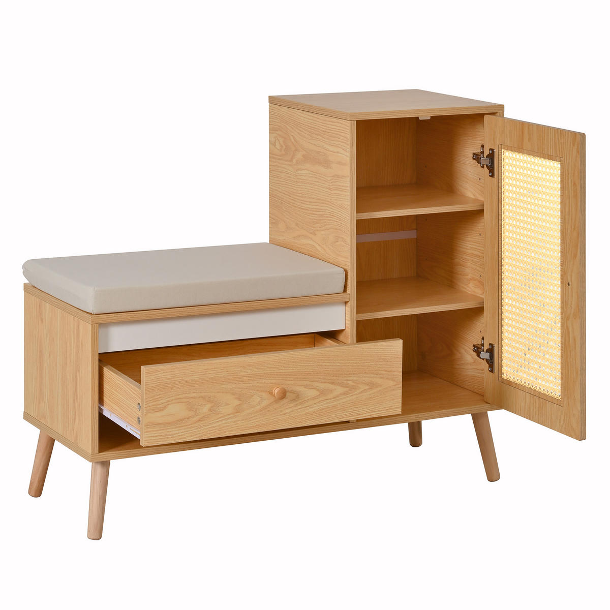 SCHUHSCHRANK in Holz-Optik – Schuhschrank mit Rattan-Tür & Sitzkissen - Naturfarben, Holzwerkstoff (95.5/80.5/35cm) - Urban Meuble
