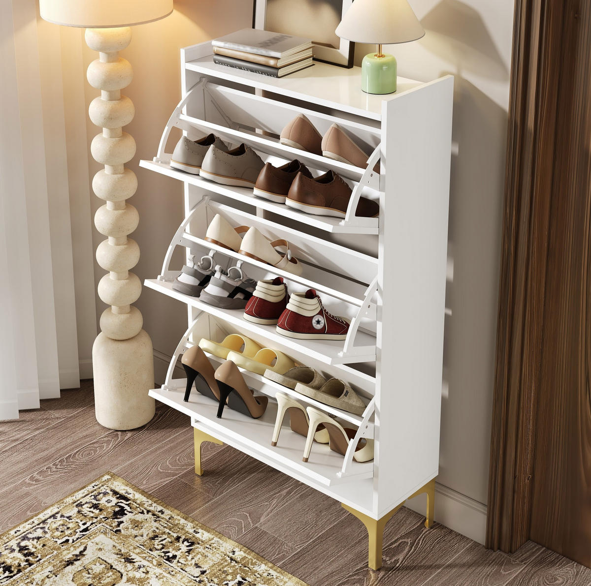 SCHUHSCHRANK aus MDF 63x24x120cm in Weiß mit goldfarbenen Metallbeinen - Weiß, Holzwerkstoff (63/120/24cm) - Modfu