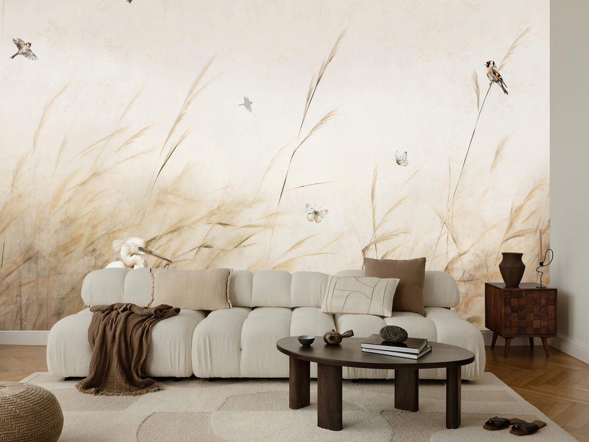 FOTOTAPETE für Schlafzimmer Vögel Storch Hohe Gräser Aquarell 150x105 - Beige/Gelb, Papier (150/105cm) - Muralo