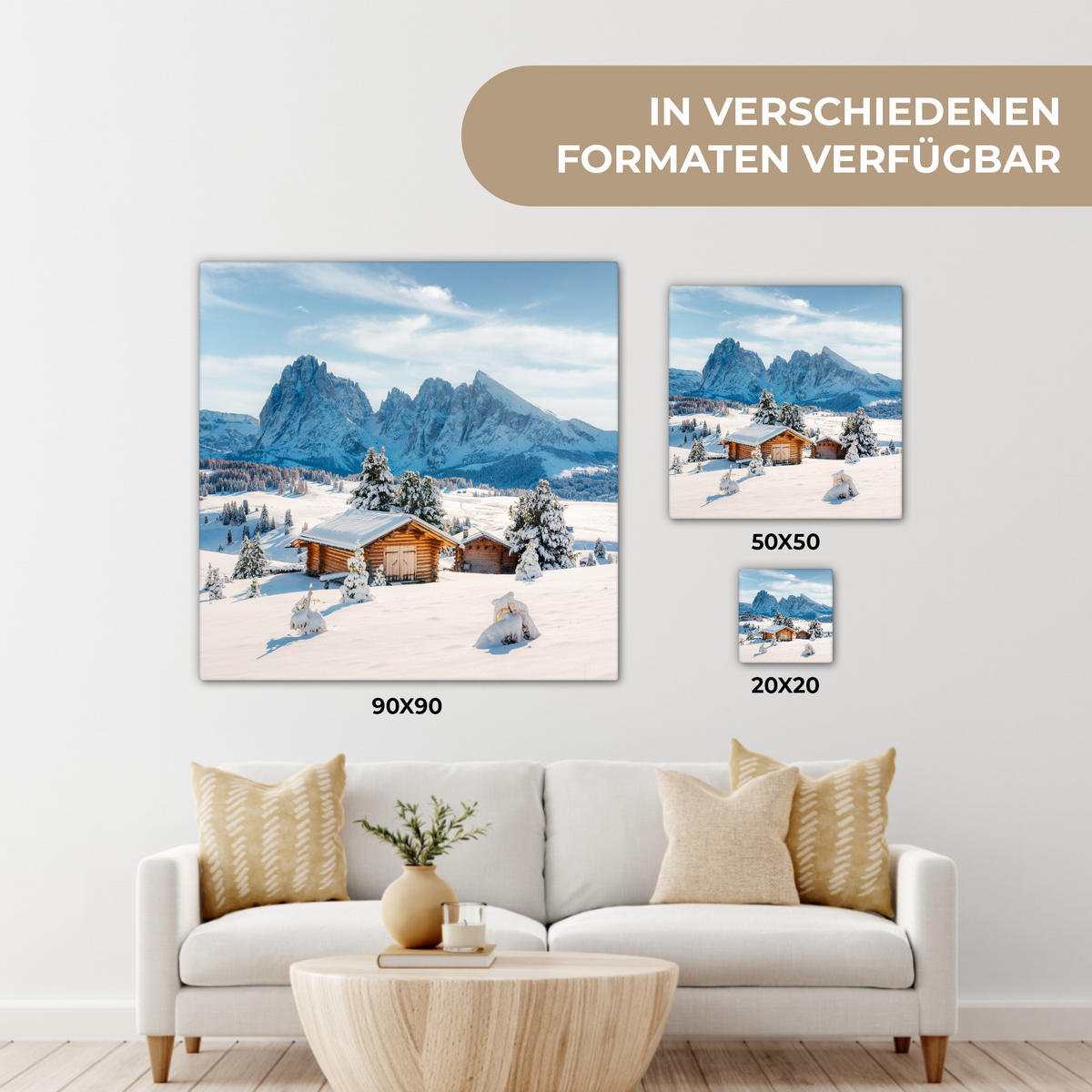 LEINWANDBILD Winter - Hütte - Berge - Aussicht - Schnee 50x50 cm - Eichefarben, Textil (50/50cm) - MuchoWow