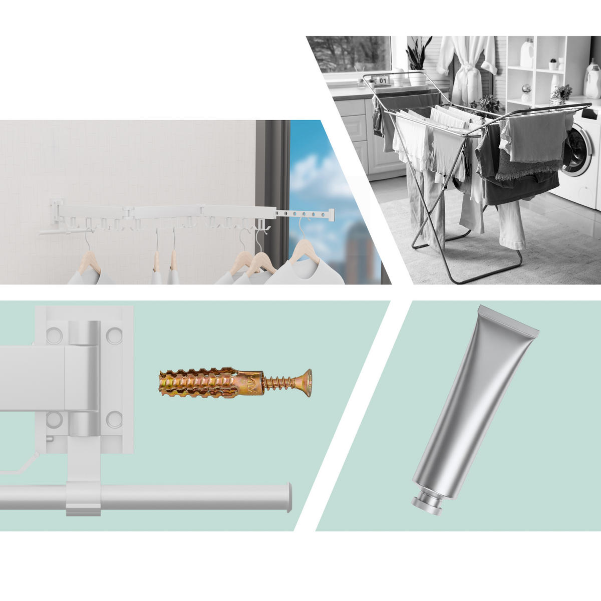 STOJAN na bielizeň na stene - biela, kov/plast (127/12/26cm) - Relaxdays