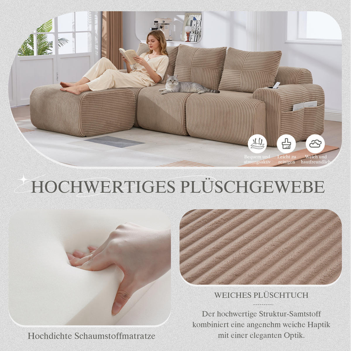 MODULARES 3-Sitzer Sofa Cordstoff mit Hocker Getränkehalter und Seitentasche 268/174/80 cm Sandfarben - Sandfarben, Textil (174/268cm) - Redom