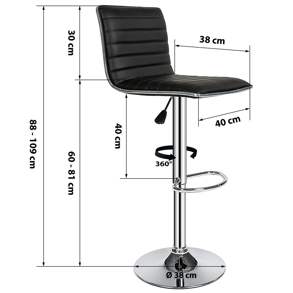 BARHOCKER 2er Set Johannes,Sitzhöhe 60 - 81 cm,schwarz - Schwarz, Textil (40/109/38cm) - tectake