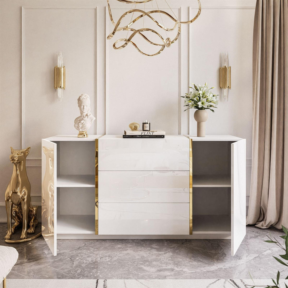 SIDEBOARD MIT SCHUBLADEN ONYX HOCHGLANZ 158 CM PUSH OPEN - Weiß, Holzwerkstoff (158/81/41.3cm) - Lookway