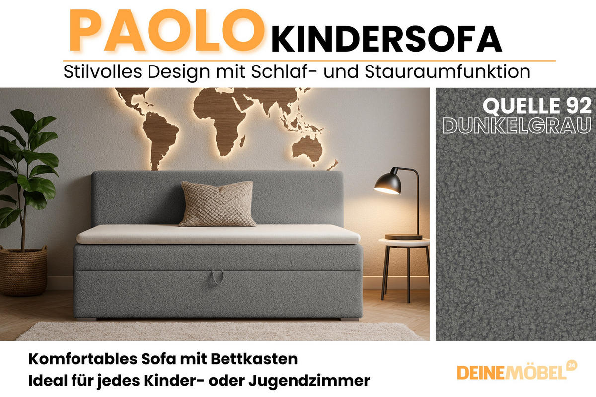 BOXBETT PAOLO 100/200 Boucle Dunkelgrau mit Taschen-Federkernmatratze H4 - Dunkelgrau, Holz/Holzwerkstoff (100/200cm) - Deine Möbel 24
