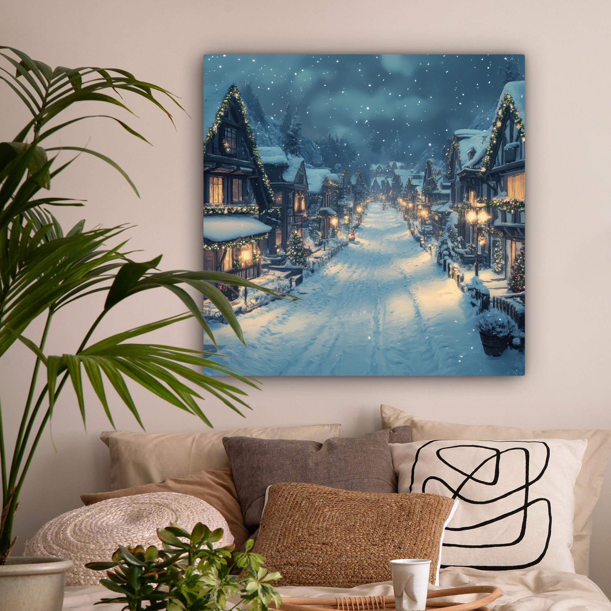 LEINWANDBILD Weihnachtsdorf - Weihnachten - Schnee - Winter 90x90 cm - Dunkelblau, Textil (90/90cm) - MuchoWow