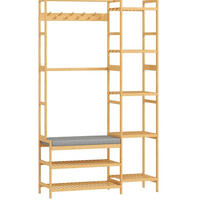 STANDGARDEROBE 104/33/175 cm mit 10 Haken, Schuhablage, Sitzbank aus Bambus - Naturfarben, Naturmaterialen (104/175/33cm) - BEAOK
