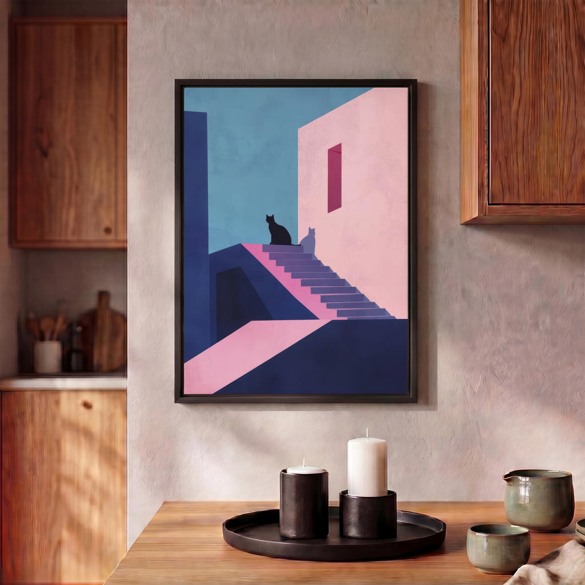 LEINWAND Bilder mit Rahmen - Katze - Treppe - Gebäude - Schattenkontraste - 30x40 - Dunkelblau, Textil (30/40cm) - MuchoWow