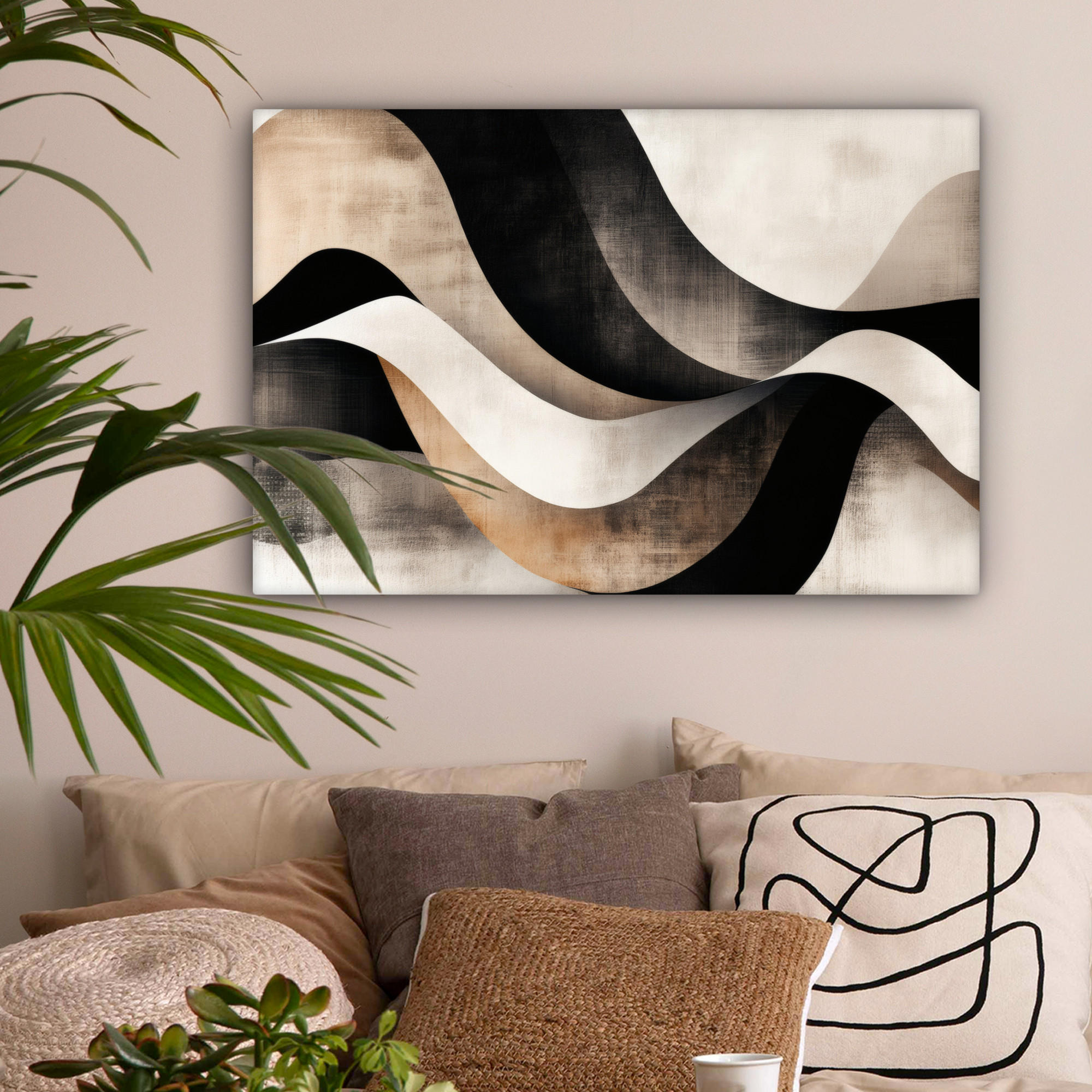 LEINWANDBILD Abstrakt - Wellen - Schwarz - Verwittert Wanddeko 90x60 cm - Trüffeleichefarben, Textil (90/60cm) - MuchoWow