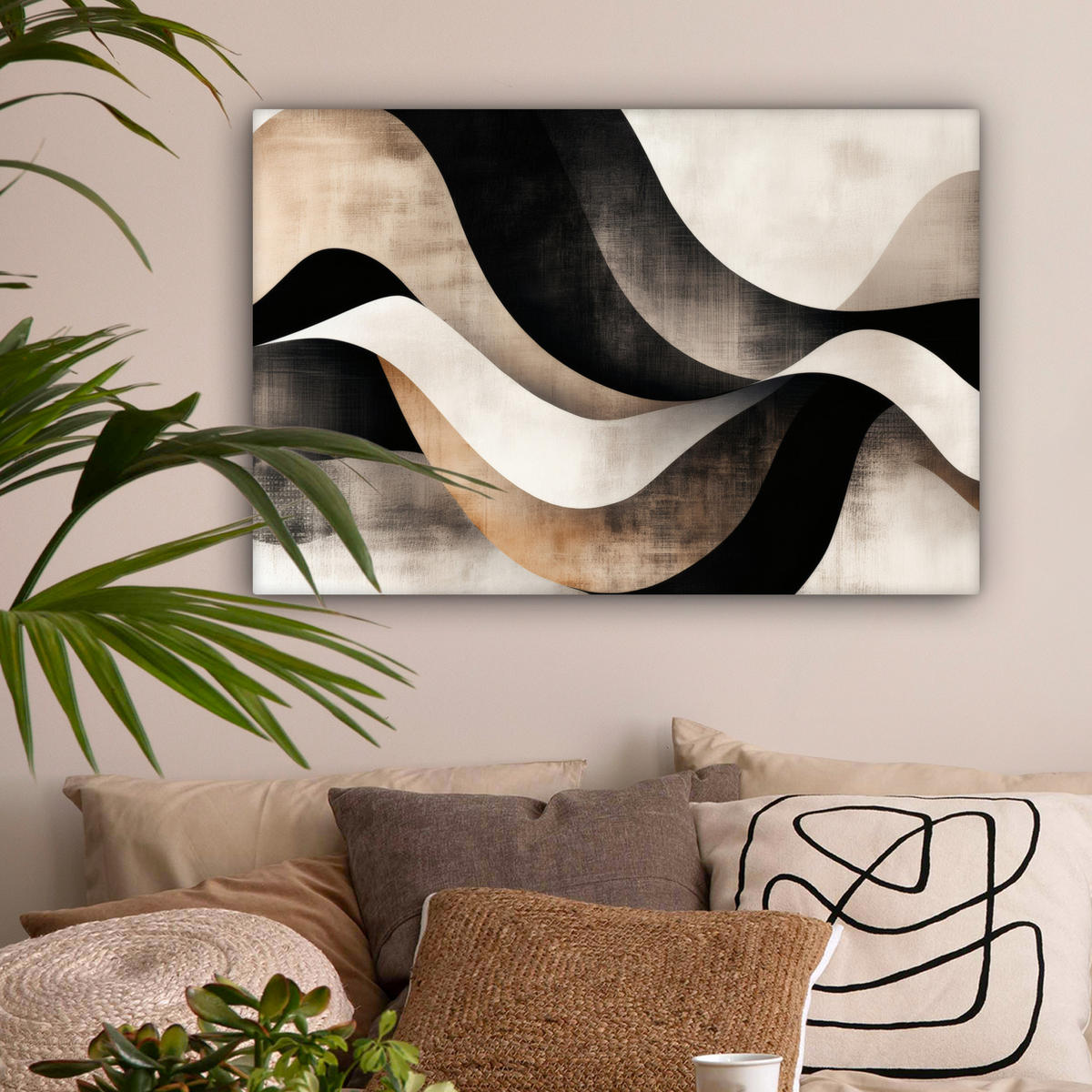 LEINWANDBILD Abstrakt - Wellen - Schwarz - Verwittert Wanddeko 90x60 cm - Trüffeleichefarben, Textil (90/60cm) - MuchoWow