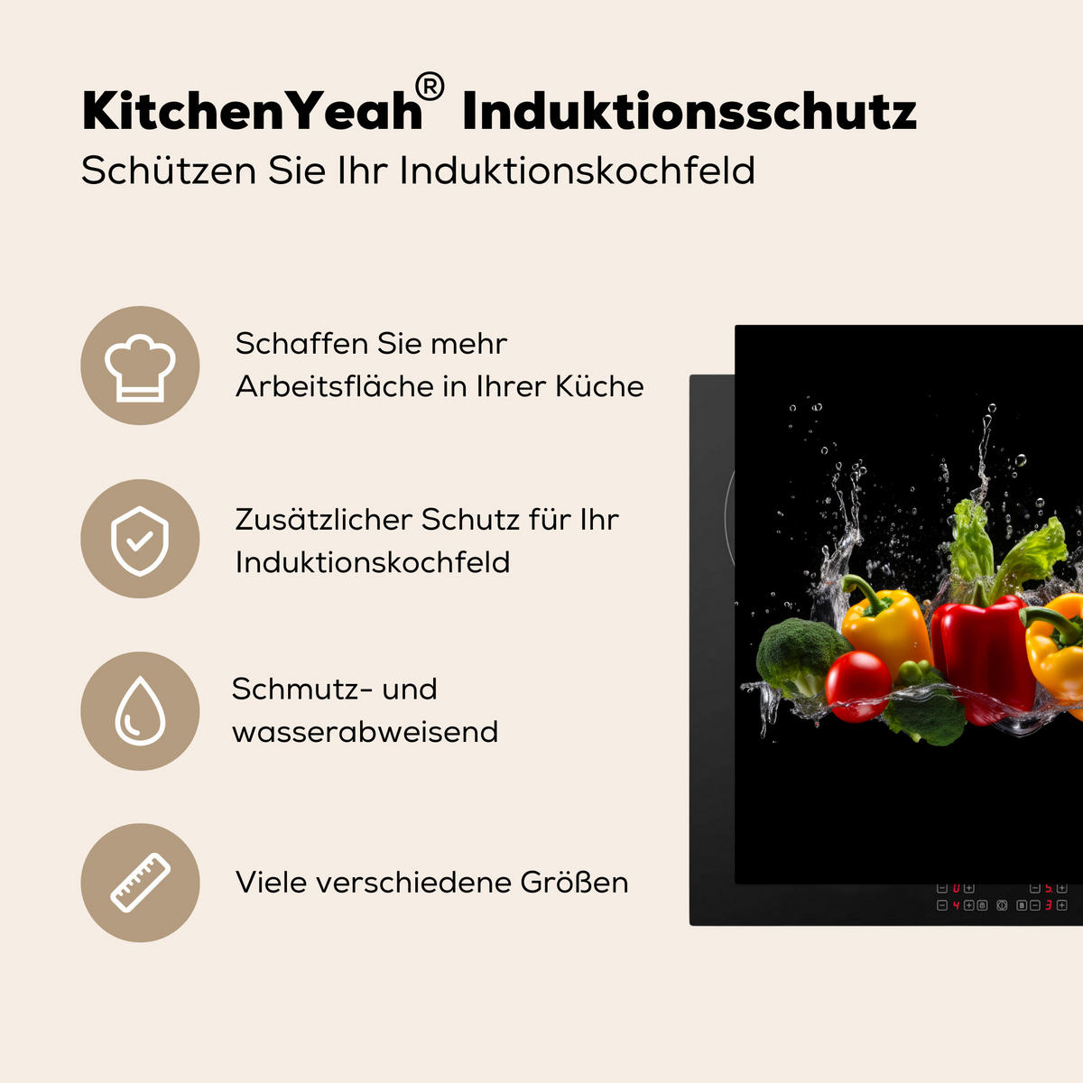 HERDABDECKPLATTE Paprika - Wasser - Gemüse - Schwarz Abdeckung Ceranfeld 58.3x51.3 cm - Multicolor, Kunststoff (58.3/51.3/0.2cm) - MuchoWow