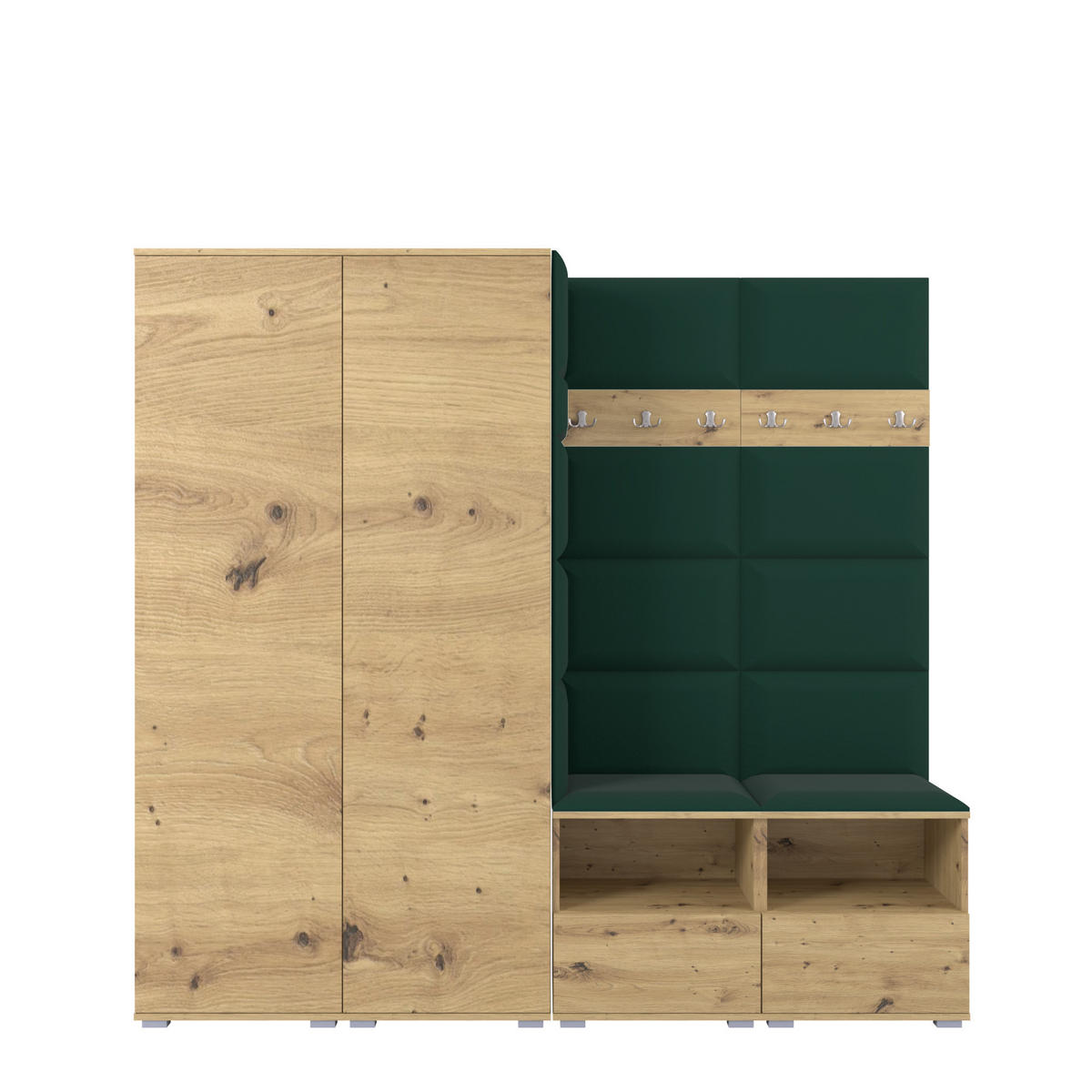 GARDEROBE NELA VI 200 cm (Kompaktgarderobe Artisan Eiche mit Sitzpolster Flaschengrün 28 Schrank & Paneel) - Dunkelgrün/Silberfarben, Holz/Holzwerkstoff (200/187/40cm) - Ravio