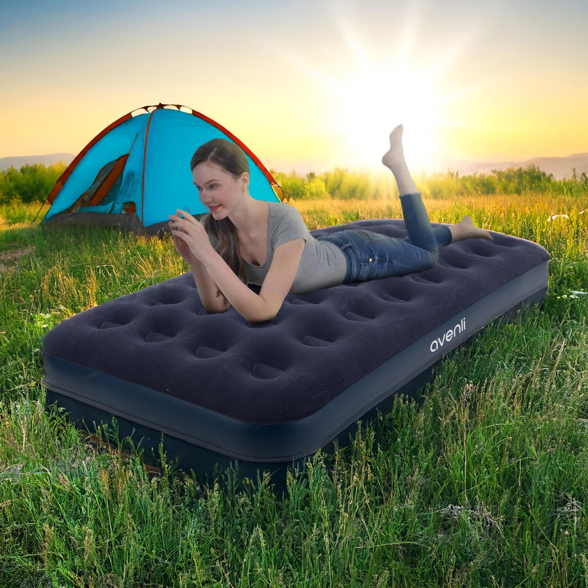 LUFTBETT Luftmatratze Camping 1 Person 191x99x22cm blau aufblasbar ohne Pumpe - Blau, Kunststoff (99/191cm) - Avenli