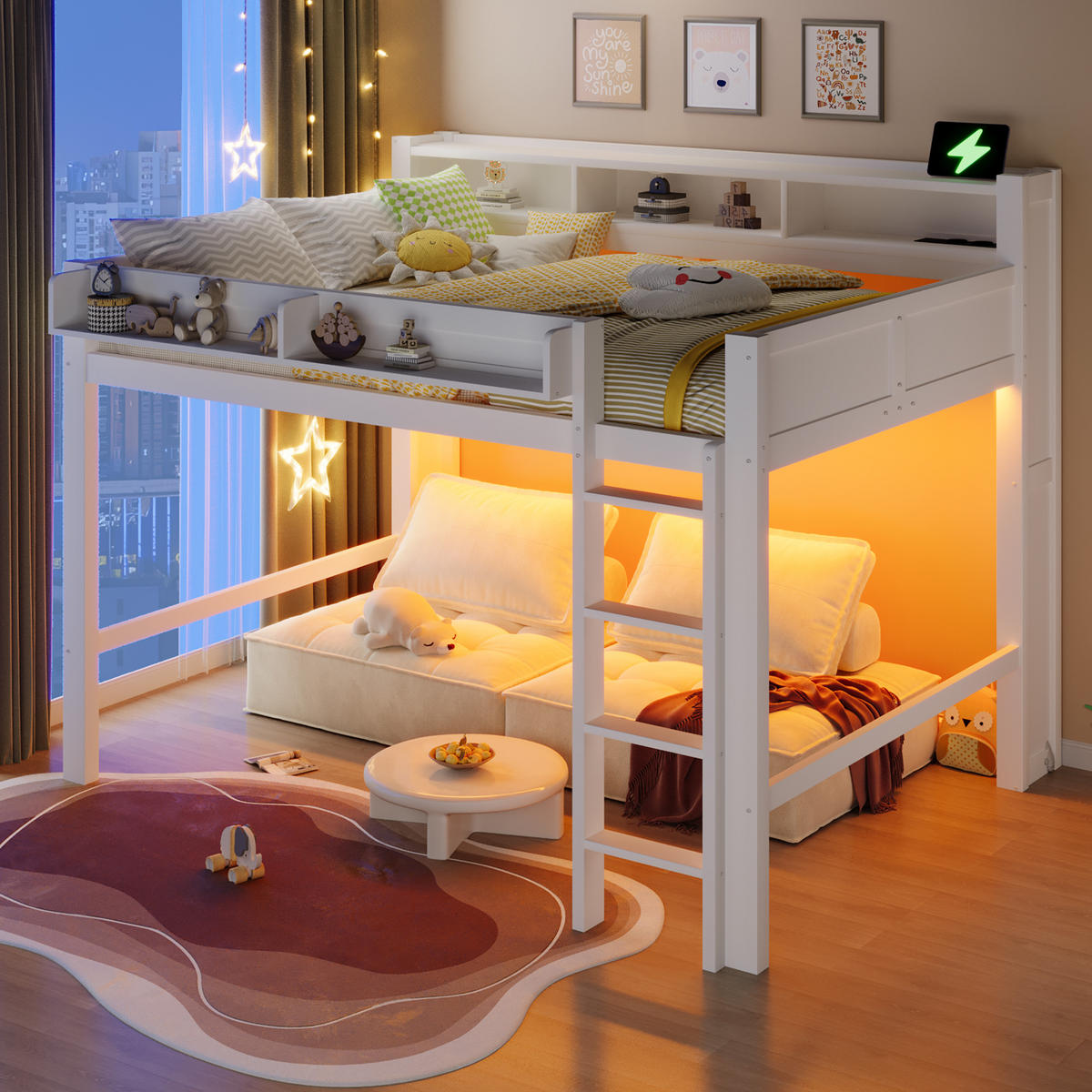 HOCHBETT 140x200 cm mit Schränken, Schreibtisch und LED-Beleuchtung, Kiefernholz, MDF und Sperrholz, weiß - Weiß, Holzwerkstoff (140/200cm) - Luhomfu