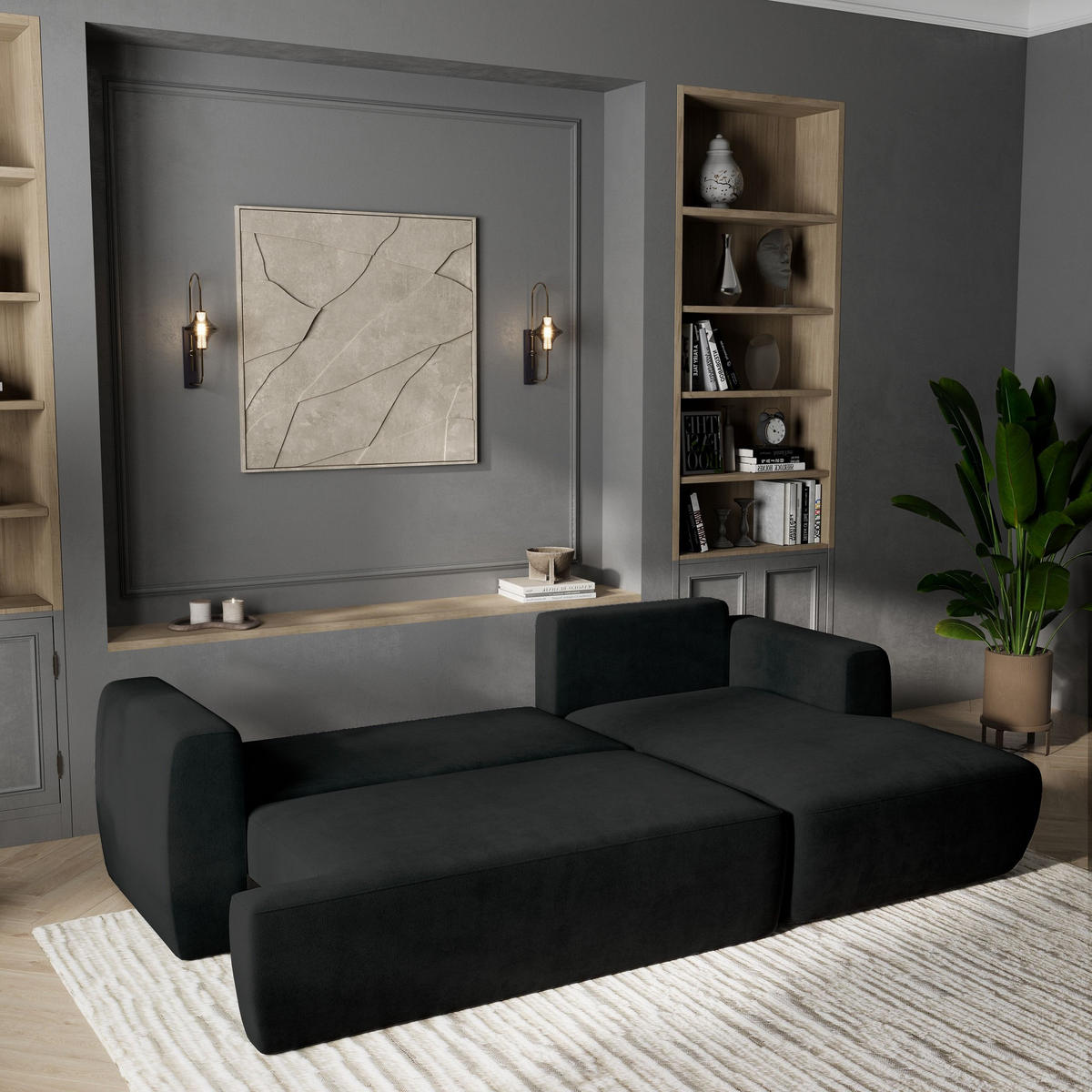 ECKSOFA SENTI K R-S Schwarz Plüsch-Stoff mit Schlaffunktion - Schwarz, Holz (246/148cm) - MASSENO