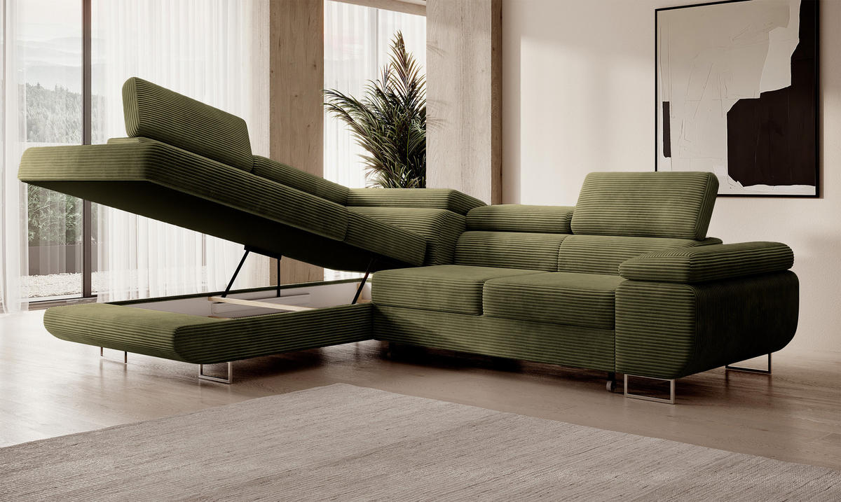 ECKSOFA Stevil Olivgrün Cordbezug - Silberfarben/Olivgrün, Textil/Metall (275/203cm) - Selsey