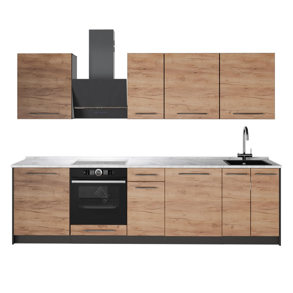 KÜCHENZEILE Fame-Line, Goldkraft Eiche/Anthrazit, 280 cm, AP Marmor - Honigeiche/Anthrazit, Holzwerkstoff (280/82/60cm) - Vicco
