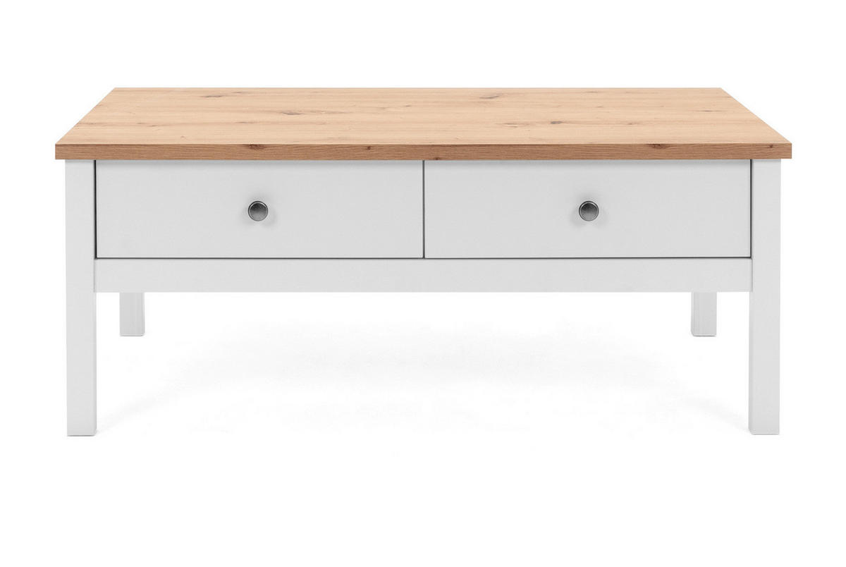 COUCHTISCH weiß, Eiche Artisan Landhaus, 110 x 55 cm, Wohnzimmertisch mit Schubladen - Silberfarben/Weiß, Holzwerkstoff/Kunststoff (55/110/40cm) - Furn.Design