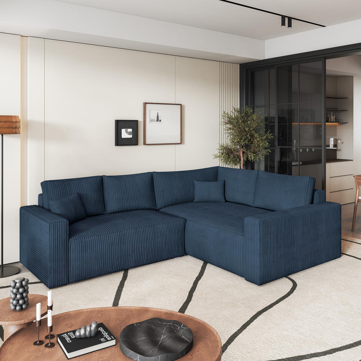 ECKSOFA ERONIS R-S Blau Kordstoff mit Schlaffunktion - Blau, Holz (265/194cm) - MASSENO
