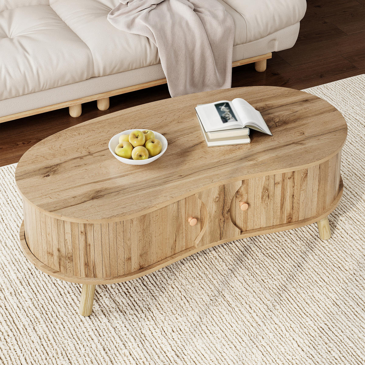 COUCHTISCH organisch Rillenoptik 2 Schiebetüren - Naturfarben, Holz (50/108/37cm) - LEBENLANG