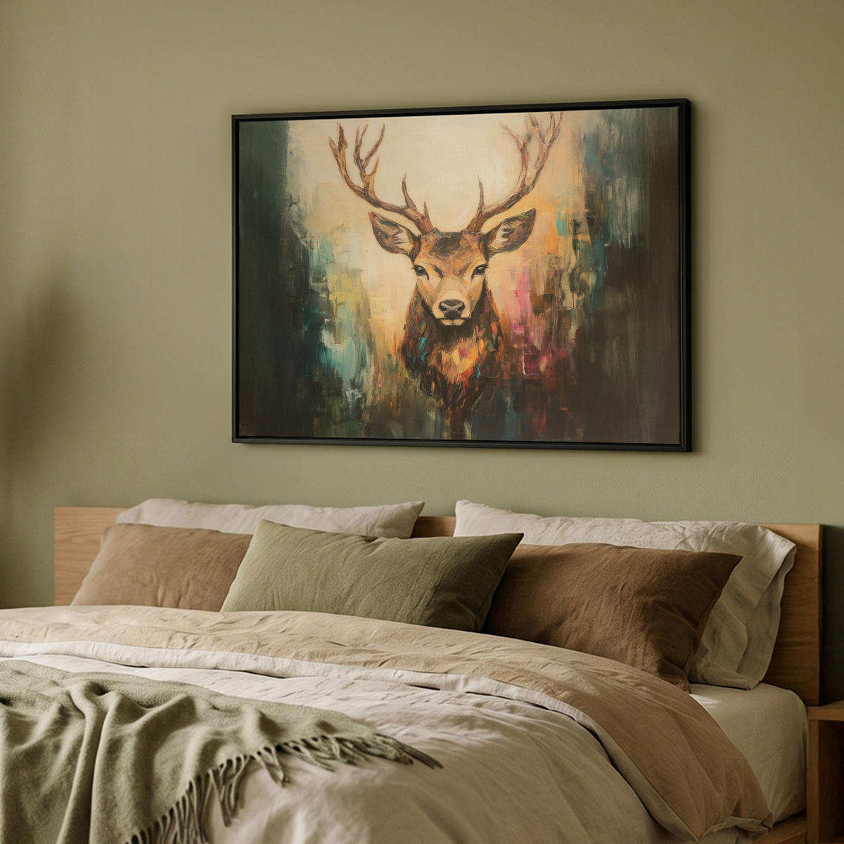 LEINWAND Bilder mit Rahmen - Hirsch - Gemalt - Geweih - Braun - 100x70 - Haselnussfarben, Textil (100/70cm) - MuchoWow