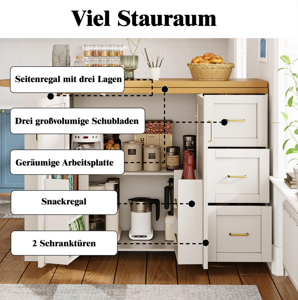 BARSCHRANK Barwagen ausziehbar mit Schrank, 3 Schubladen & Rollen, 135-228/39/104 cm, Weiß, - Weiß, Holzwerkstoff (39/104/135cm) - Redom