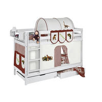 ETAGENBETT JELLE 90x200 cm Dinos braun - Hochbett - inkl. Vorhang und 2 Lattenrosten - Weiß, Holz - Lilokids