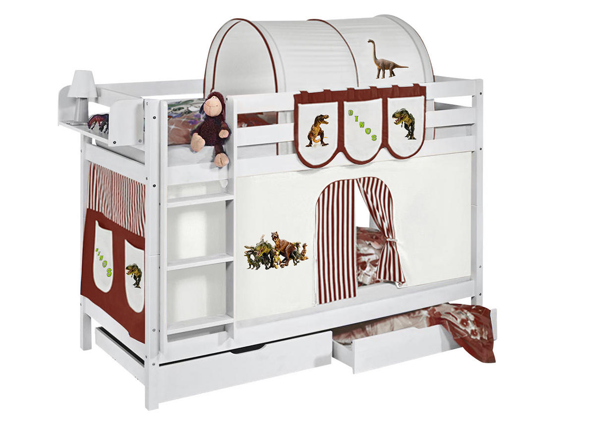 ETAGENBETT JELLE 90x190 cm Dinos braun - Hochbett - inkl. Vorhang und 2 Lattenrosten - Weiß, Holz - Lilokids
