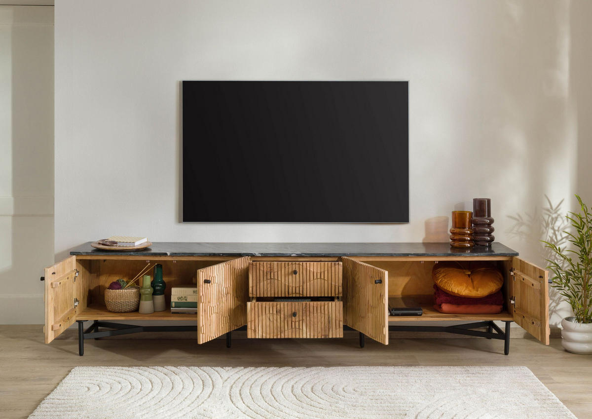 TV-BOARD Akazie 240x40x55 natur lackiert / Marmor schwarz LONDON #107 - Naturfarben, Holz (40/55/240cm) - Massivmoebel24