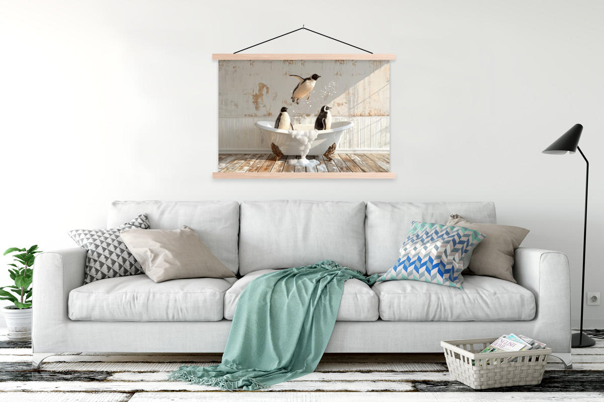 POSTER Vintage - Pinguin - Badewanne - Schaumstoff 120x80 cm - Schwarz, Textil (120/80/0.15cm) - MuchoWow