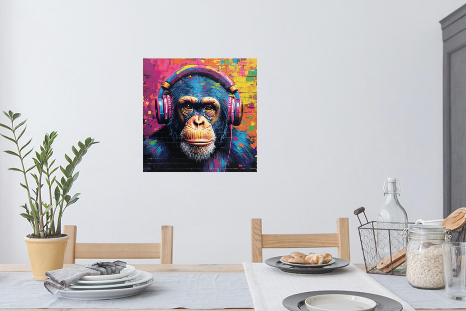 WANDTATTOO Graffiti - Schimpanse - Straßenkunst - Kopfhörer - Affe 50x50 cm - Blau, Kunststoff (50/50/0.1cm) - MuchoWow