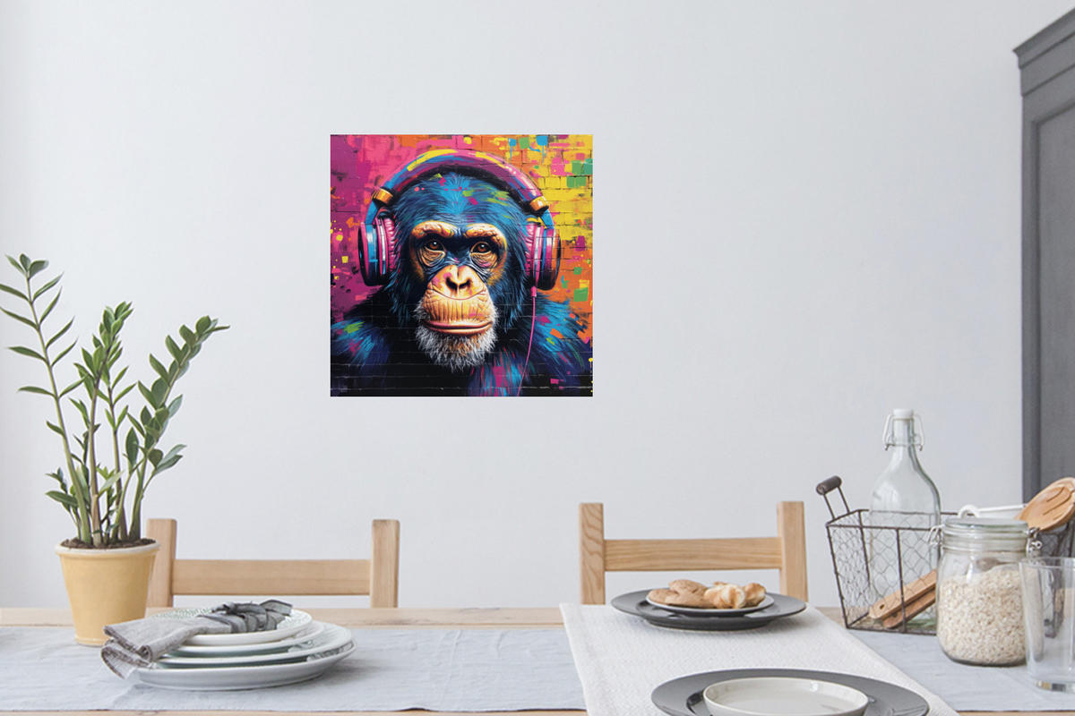 WANDTATTOO Graffiti - Schimpanse - Straßenkunst - Kopfhörer - Affe 50x50 cm - Blau, Kunststoff (50/50/0.1cm) - MuchoWow