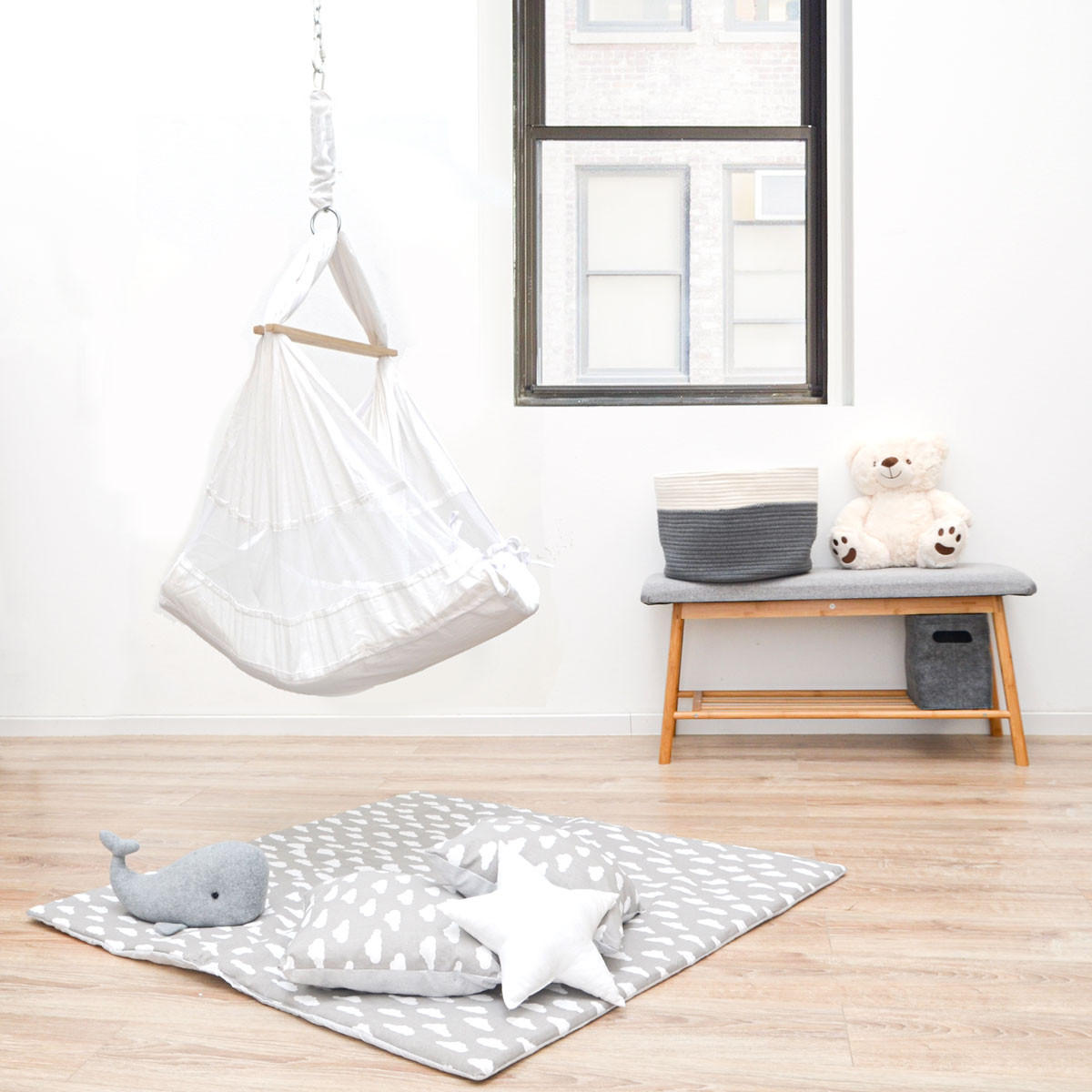 BABY-FEDERWIEGE mit 100cm Kette & Deckenhaken - Weiß, Textil (36/94/70cm) - Amanka