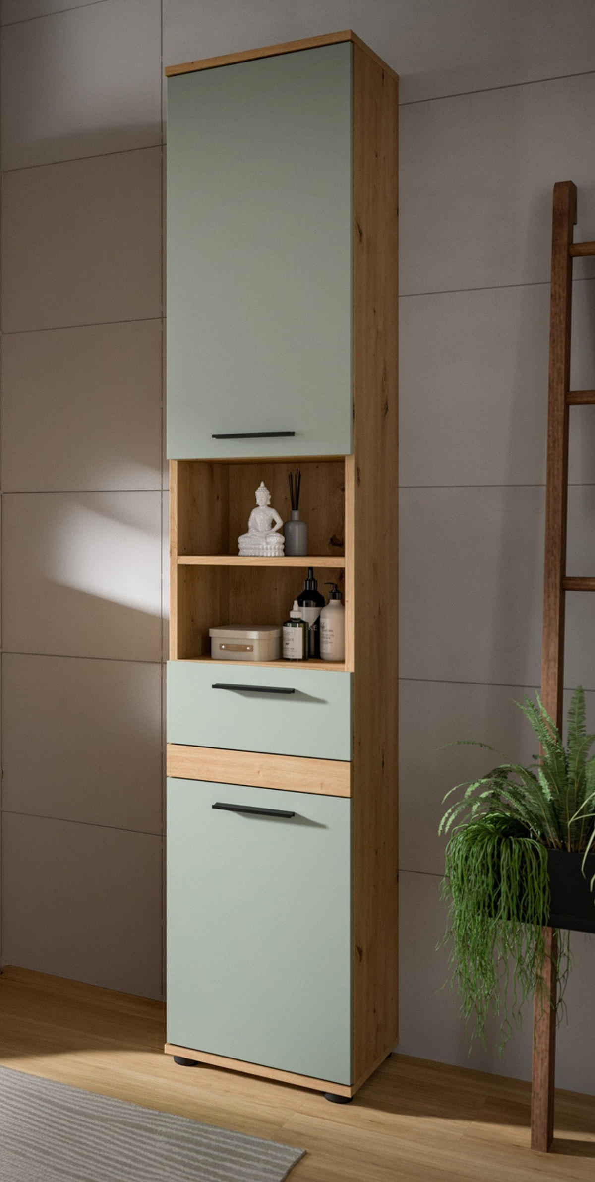 HOCHSCHRANK Salbei, Artisan Eiche 35 x 191 cm, Badschrank mit vielen Fächern - Salbeigrün/Schwarz, Holzwerkstoff/Kunststoff (35/191/31cm) - Inn.Furn