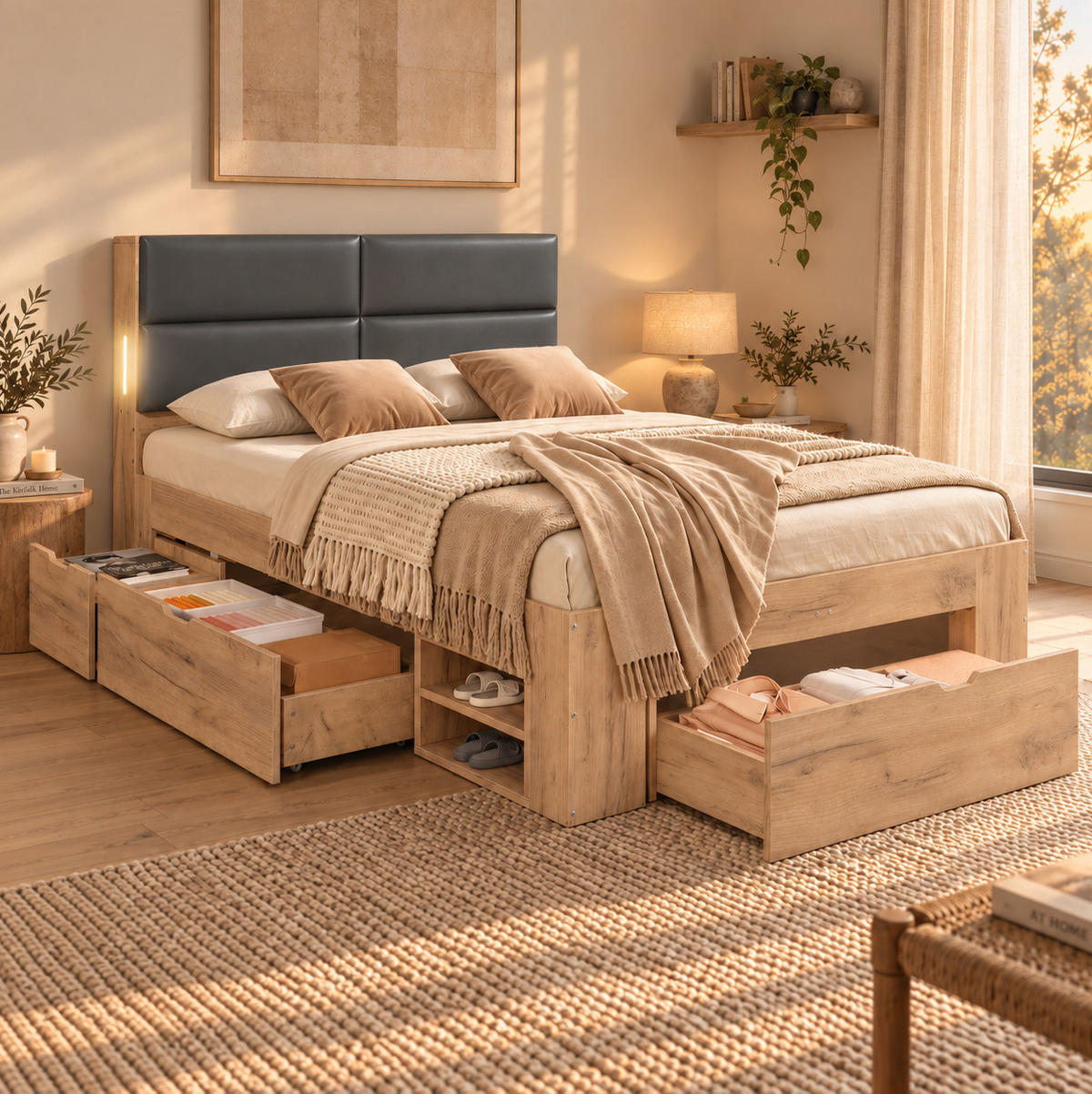 STAURAUMBETT aus MDF 140x200 cm Natur mit Schubladen, Nachtlicht, USB- und USB-C-Anschlüssen - Eichefarben, Holzwerkstoff (140/200cm) - Modfu