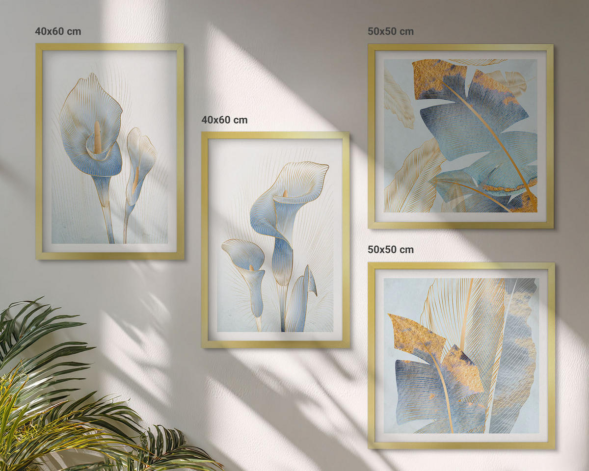 BILDER SET 4er Set - 50x50 cm & 40x60 cm Goldrahmen - Blaue Blumen im Hintergrund - Goldfarben, Kunststoff (50/50cm) - TULUP