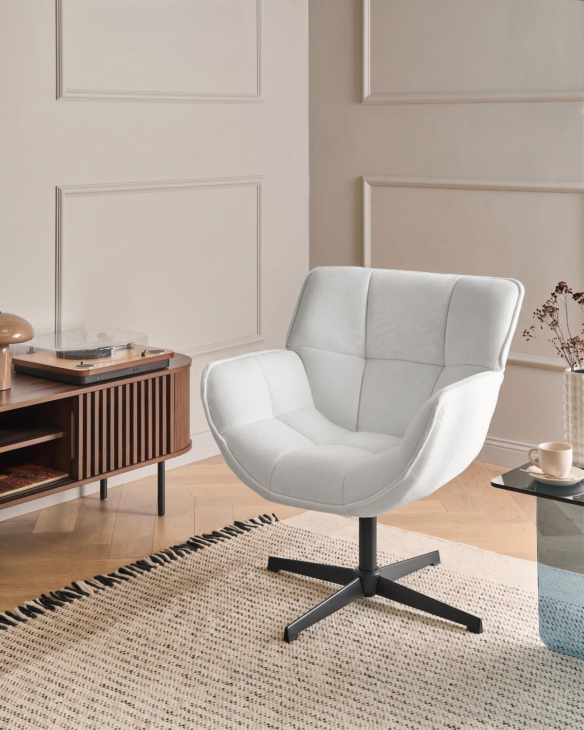 DREHSESSEL Stoff Weiß Auma - Weiß, Textil (71/85/78cm) - Beliani