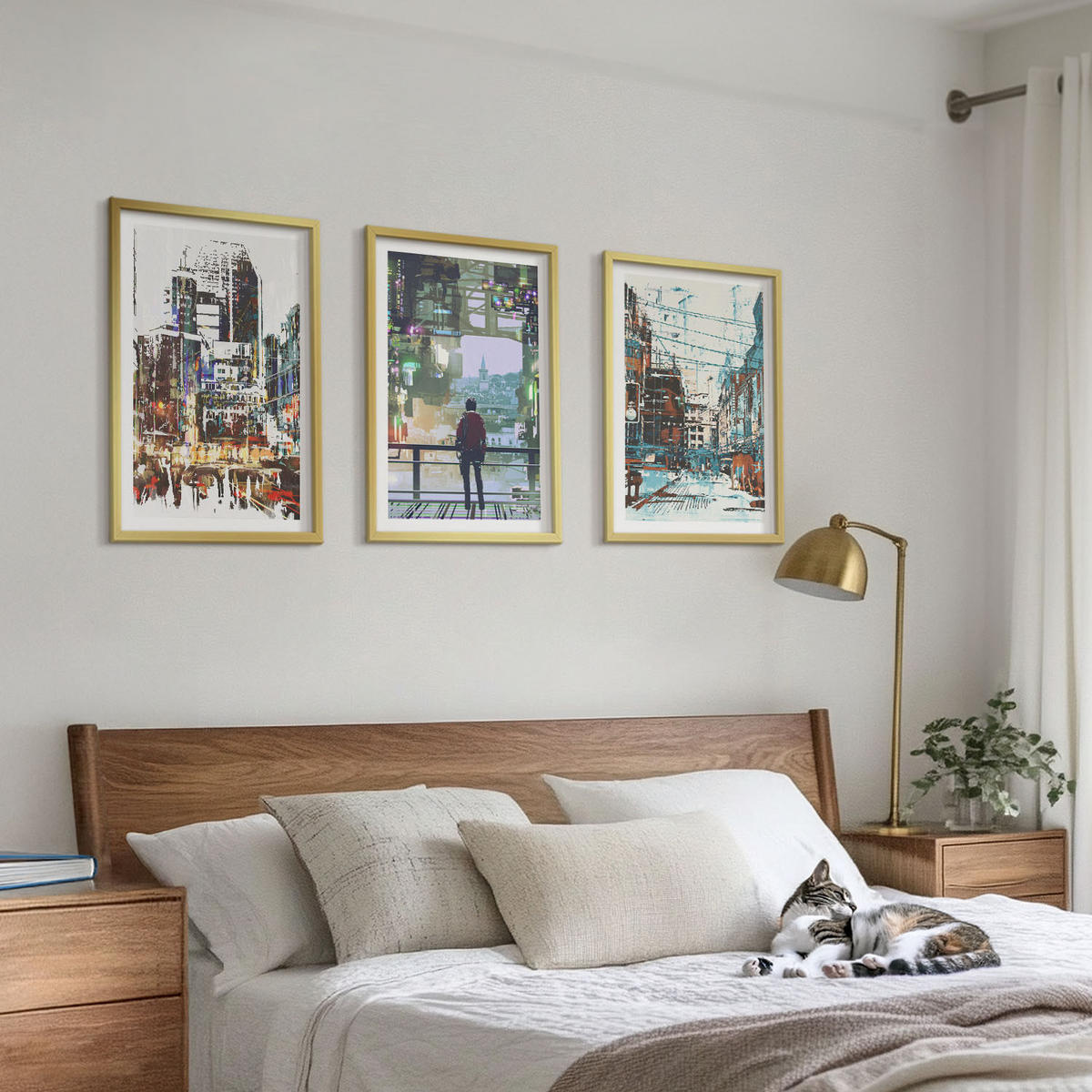 WANDBILDER 3er Set - 40x60 cm Goldrahmen - Moderne Städte, bunte Charaktere - Goldfarben, Kunststoff (40/60cm) - ArtPrintCave